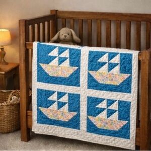 Vintage Handmade Blue and White Sailboat Baby Quilt